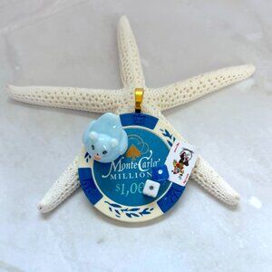 Blue Bear Poker Chip Pendant - Lucky Animal Charm Necklace - Miniature Collector
